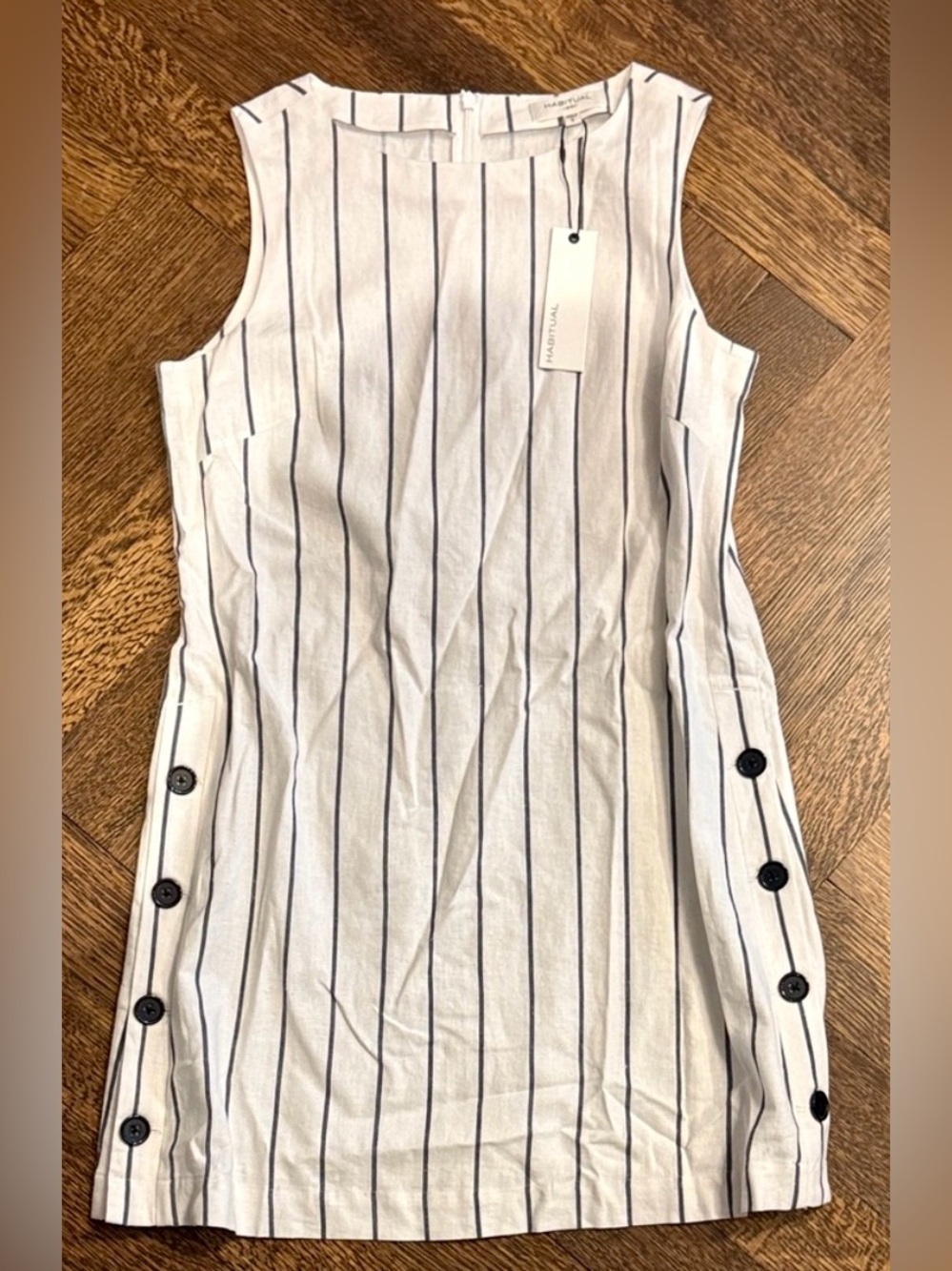 HABITUAL Striped Sleeveless Dress Small Button Detail Neutral Linen Look